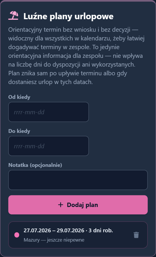 Sekcja luźnych planów urlopowych na telefonie