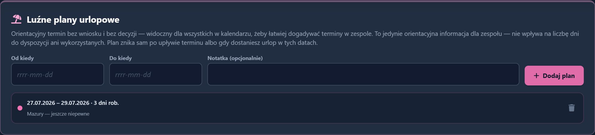 Sekcja luźnych planów urlopowych na komputerze